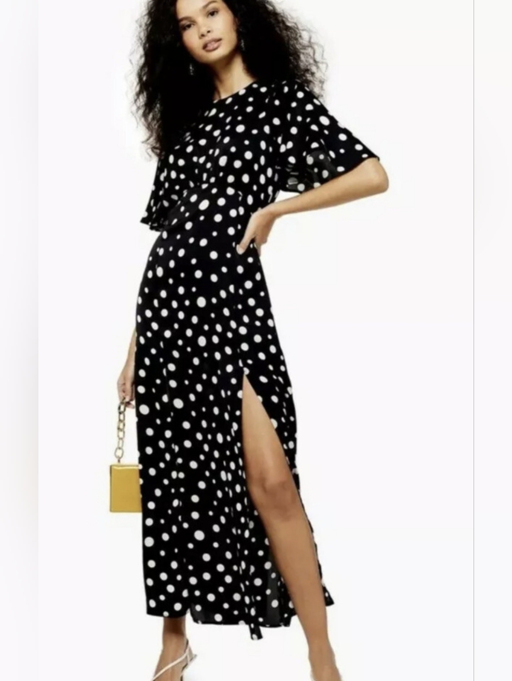 Topshop size 10 satin feel polka dot dress Flutter Sleeve Maxi